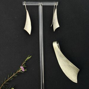 Vintage Modernist Sterling Silver Brushed Pendant Earrings Set 925 Sculptural